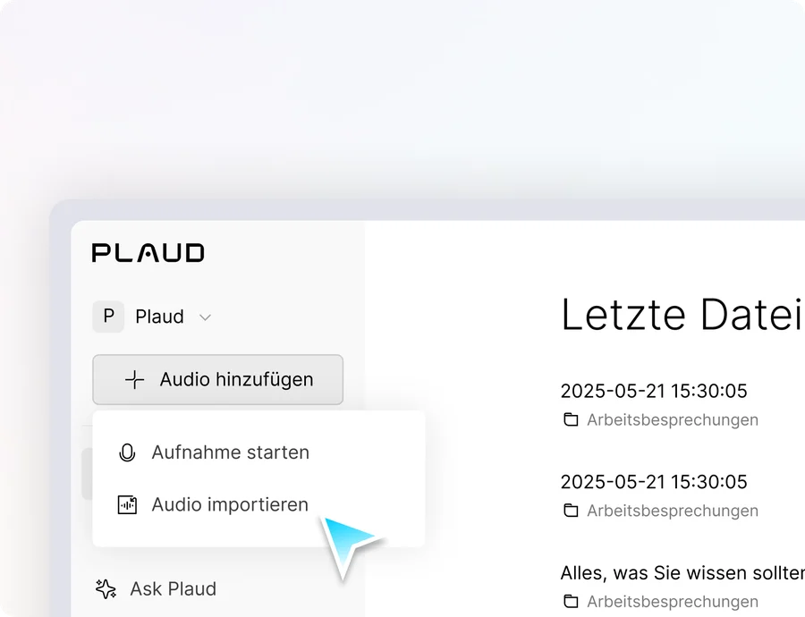 Plaud Web: vorhandene Audiodateien im Browser importieren.