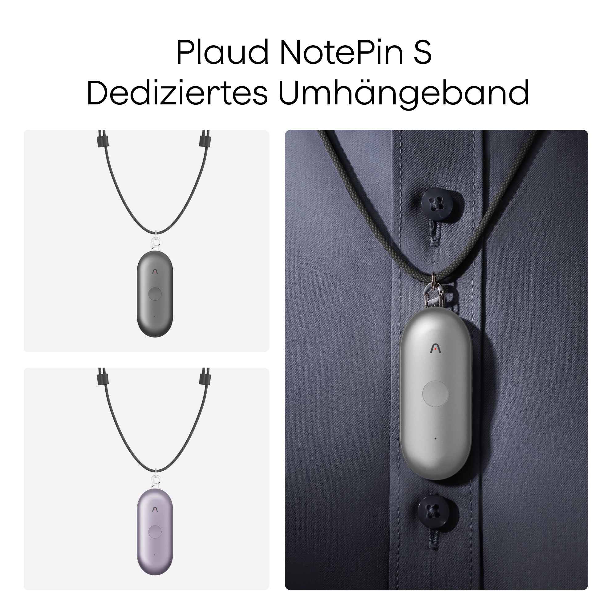 Plaud NotePin S mit dediziertem Umhängeband in Silber, Space Gray und Lila, getragen als Halskette.