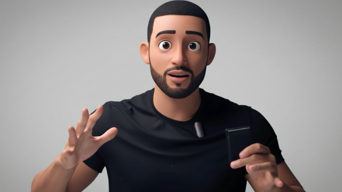3D-Avatar eines Mannes hält einen schwarzen Plaud Note und trägt einen Plaud NotePin am Kragen.