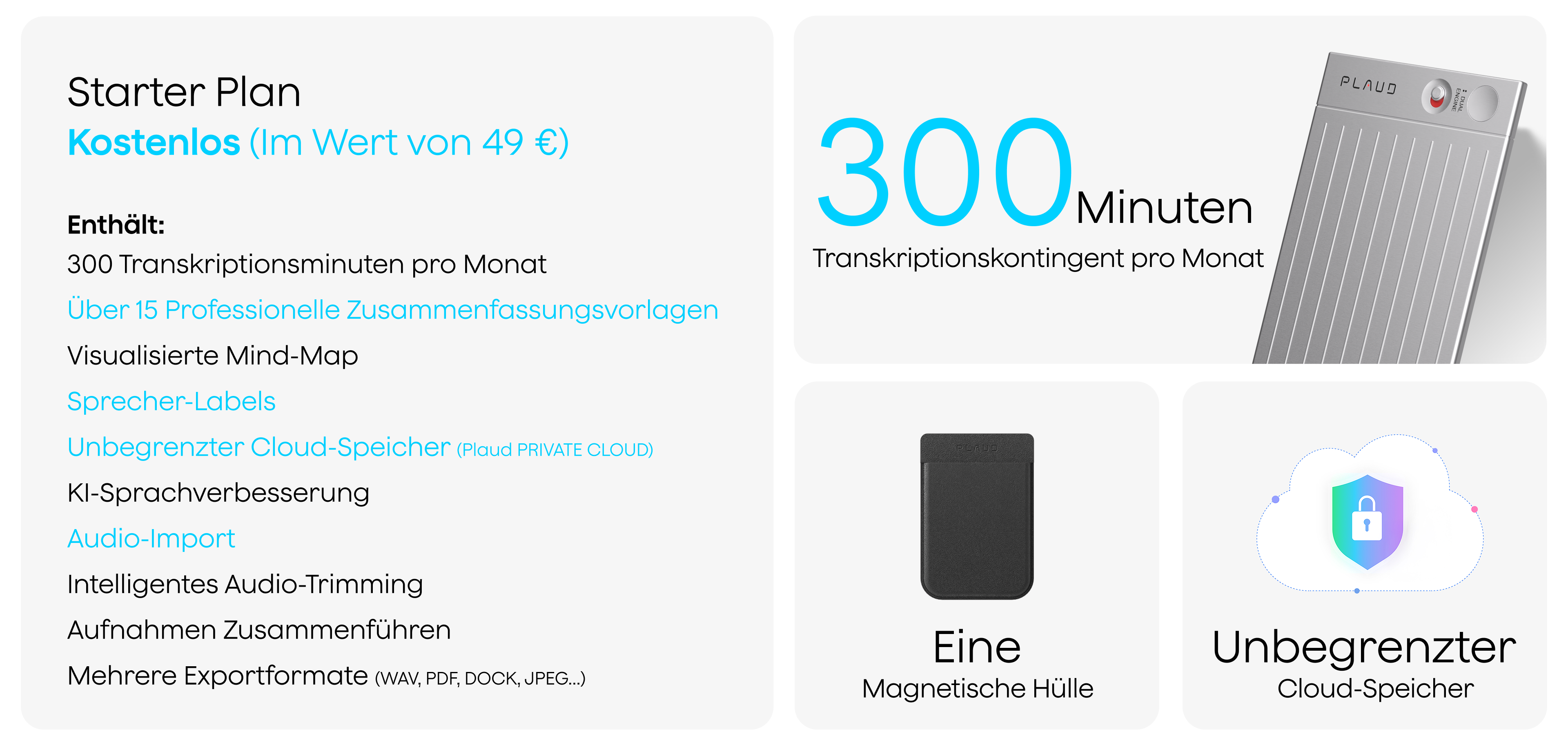 Kostenloser Plaud Starter Plan: 300 Transkriptionsminuten/Monat, Cloud-Speicher und Zubehör für den Plaud Note Pro.