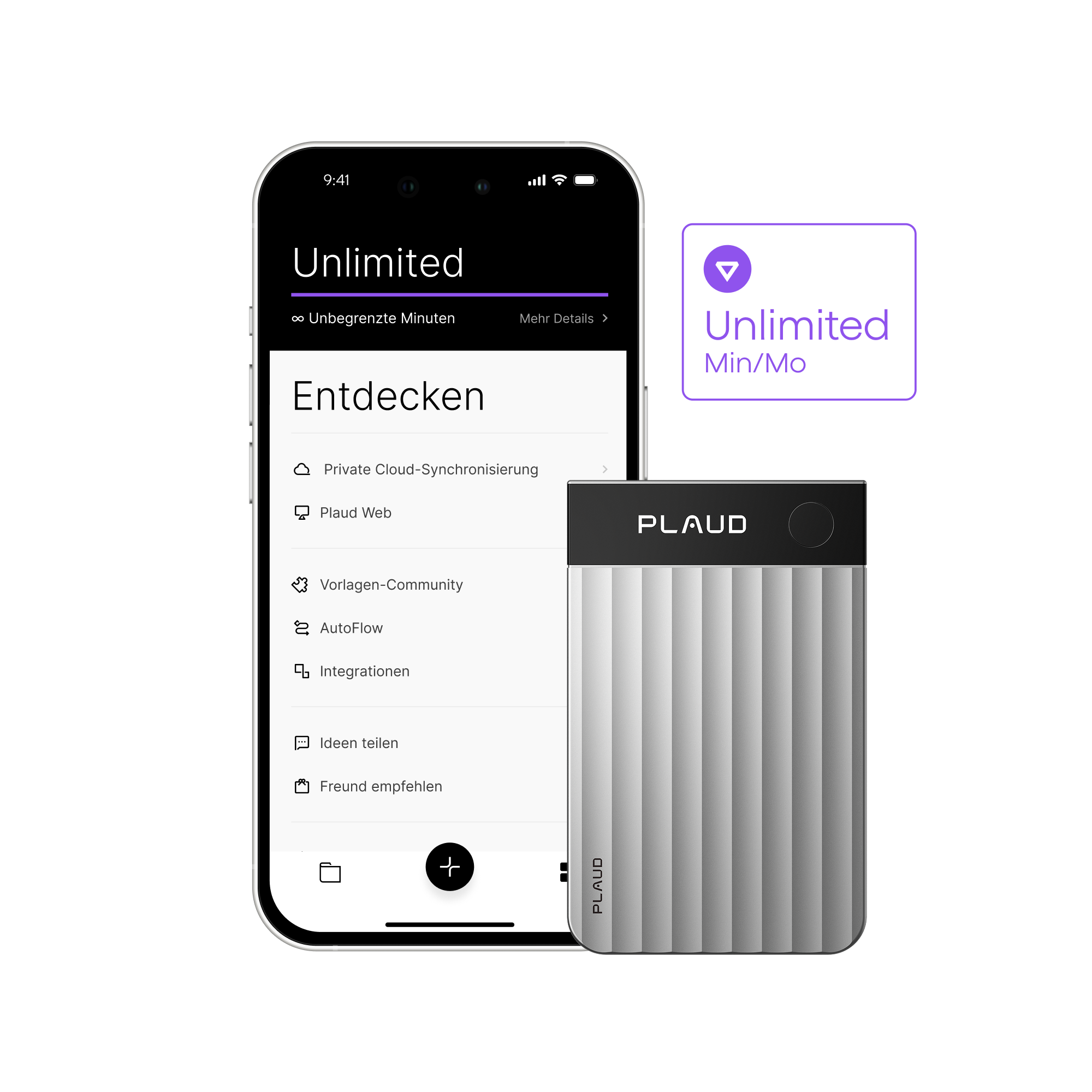 Silberner Plaud Note Pro neben Smartphone mit Plaud App und dem Plaud Unlimited Plan für unbegrenzte Minuten.