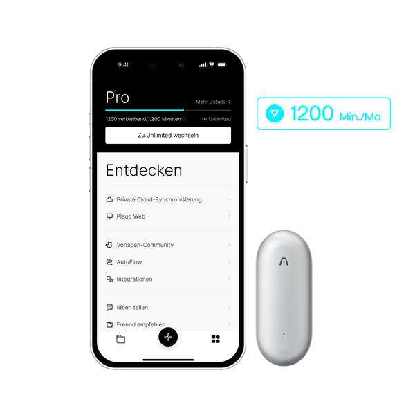 Silberner Plaud NotePin neben Smartphone mit Plaud App; zeigt 1200 Minuten monatlich im Plaud Pro Plan an.