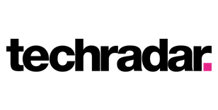 Schwarzer TechRadar Schriftzug mit einem pinken quadratischen Punkt am Ende.