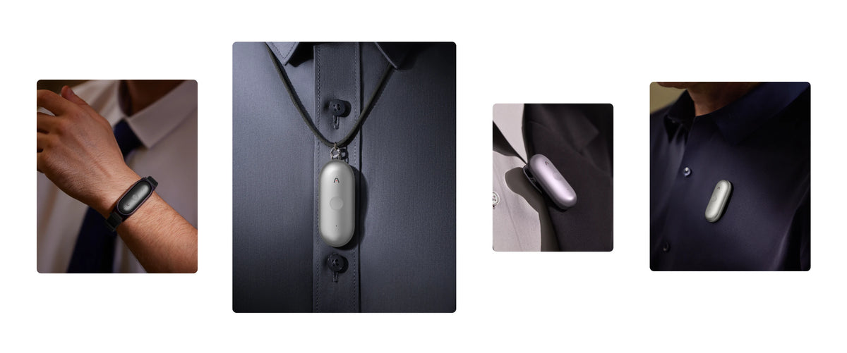 Plaud NotePin S in verschiedenen Tragevarianten: als Armband, Halskette, Clip am Revers oder magnetisch am Hemd.