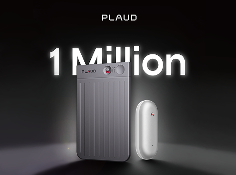 Ein grauer Plaud Note Pro und ein weißer Plaud NotePin vor dem leuchtenden Text 1 Million.